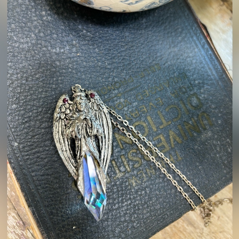 Comstock Creations Crystal | Pewter Angel Necklace. 12” Statement | Artsy